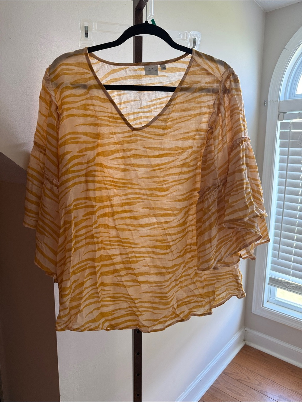 New Directions Lightweight Mustard Zebra-Stripe V-Neck Women’s Top